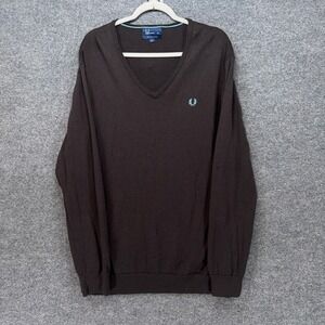 Fred Perry Sweater Mens XXL Brown Merino Wool V-Neck Laurel Wreath Pullover